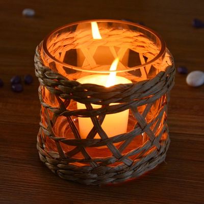 quality Round Creative Glass Candle Holders With Wicker Sleeve factory