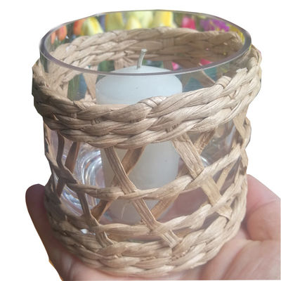 quality Round Creative Glass Candle Holders With Wicker Sleeve factory