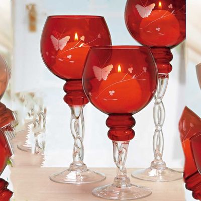 quality Hand Cutted Design Red Glass Candle Holders With Color Long Stem factory