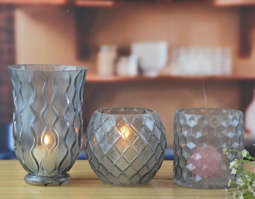quality 8" Grey Embossed Fence Pattern Glass Candle Holders factory