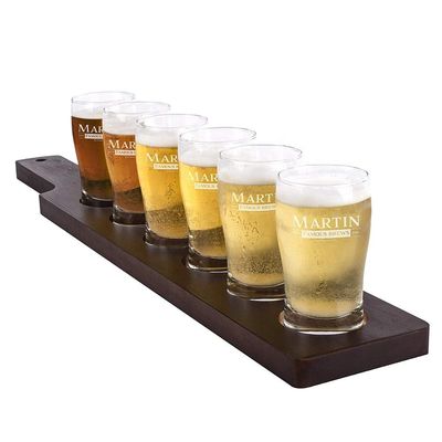 quality Handmade 5oz Craft Beer Tasting Kit , Craft Beer Glasses Set With Wooden Paddle factory
