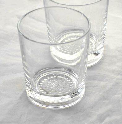 quality Wholesale Concise Tumbler Drinking Glasses Customized Embossed Flower Pattern Double Old Fashion Glass Cup factory
