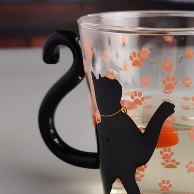quality Borosilicate Black Cat Tea Glass Mug With Color Tail Handle factory