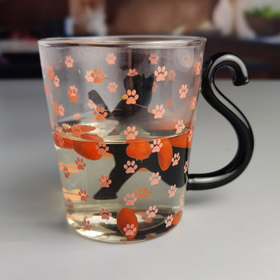 quality Borosilicate Black Cat Tea Glass Mug With Color Tail Handle factory